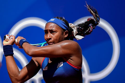 Coco Gauff of United States competes during women's singles tennis match
